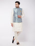 Vastramay Men's Viscose Cream Kurta And Pyjama With Grey Woven Nehru Jacket